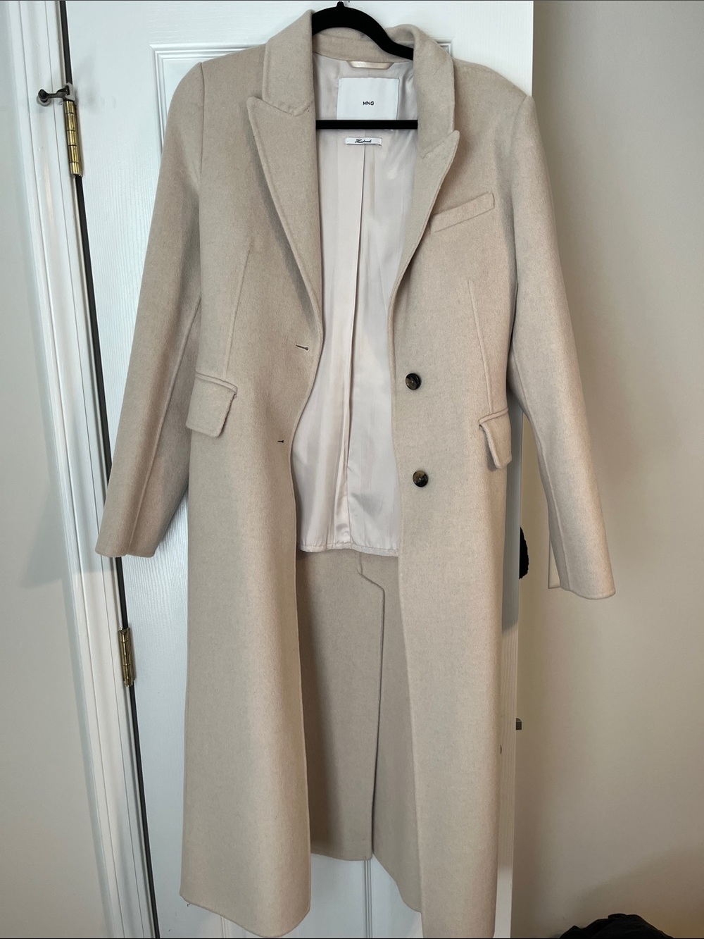 Mango Handmade Womens Cream Long Wool Blend Coat